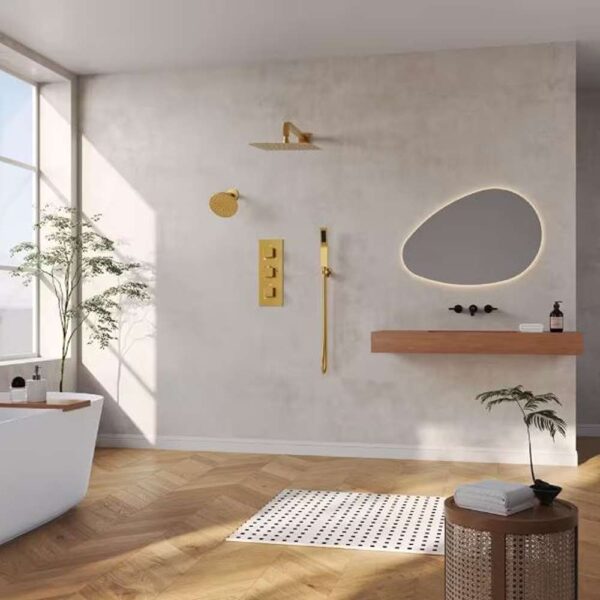 5-Spray Square 12 in. Rain Wall Mount Shower System with 6 in. Shower Head Handheld shower in Brushed Gold 2.5 GPM