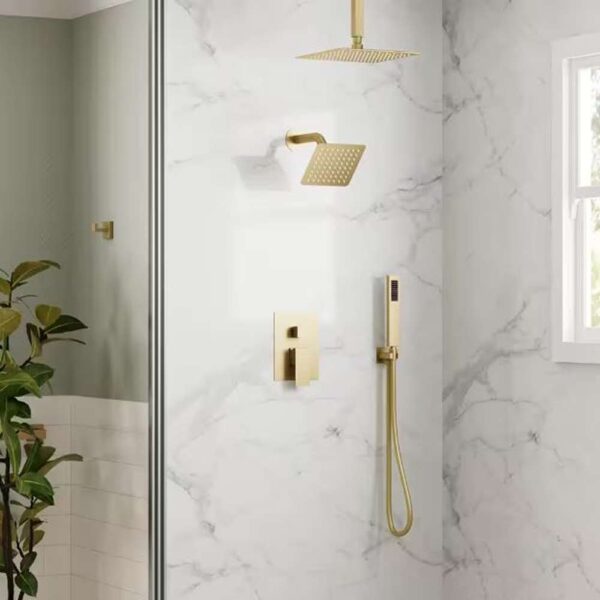 3-Spray 10 and 6 in. Dual 3 in 1 Ceiling Mount Fixed and Handheld Shower Head 2.5 GPM in Brushed Gold Valve Included