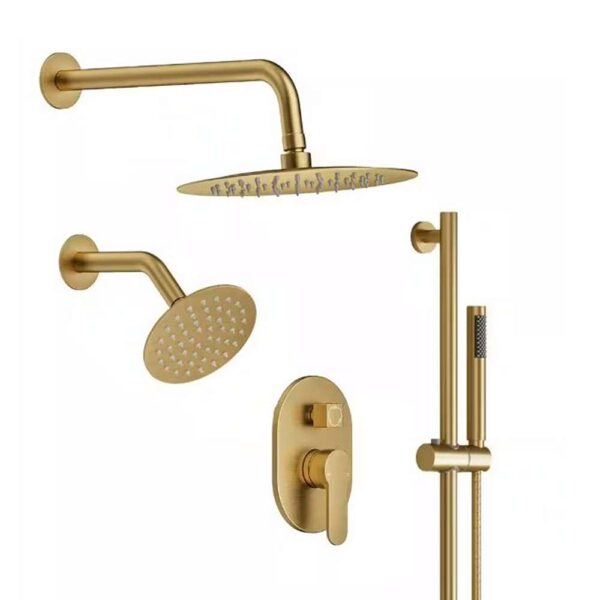 3-Spray Wall Mounted 10 and 6 in. Dual Shower Head and Handheld Shower Head in Brushed Gold (Valve Included)