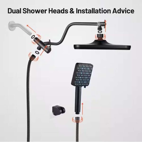 Rainfull Two-in-One 6-Spray 12 in. Dual Wall Mount filtered Shower Head Fixed and Handheld Shower Head 1.8 GPM in Black