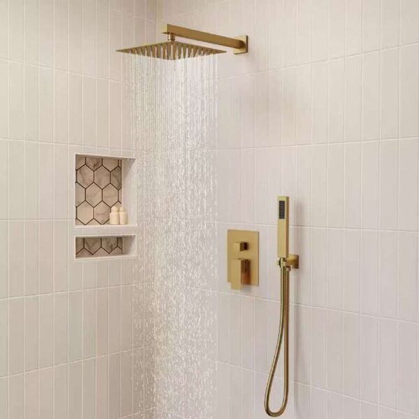 Single-Handle Rain 2-Spray Square 10 in. Dual Shower Head Fixed and Handheld Shower Head in Brushed Gold