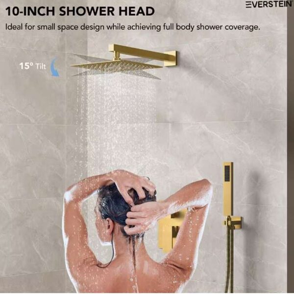 Single-Handle Rain 2-Spray Square 10 in. Dual Shower Head Fixed and Handheld Shower Head in Brushed Gold