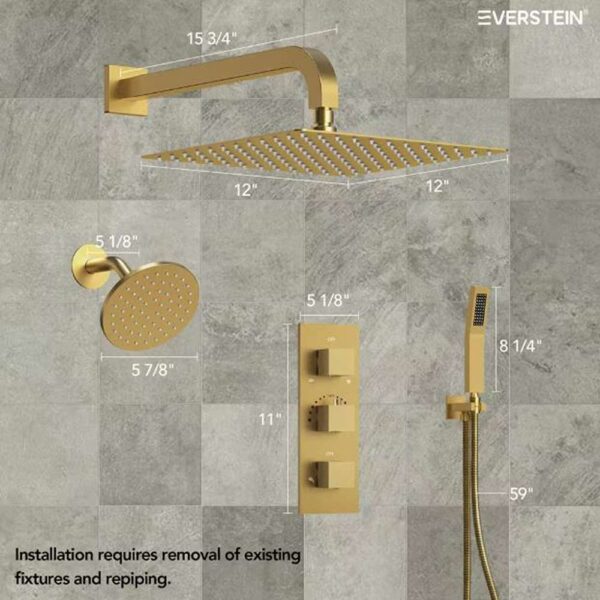 5-Spray Square 12 in. Rain Wall Mount Shower System with 6 in. Shower Head Handheld shower in Brushed Gold 2.5 GPM