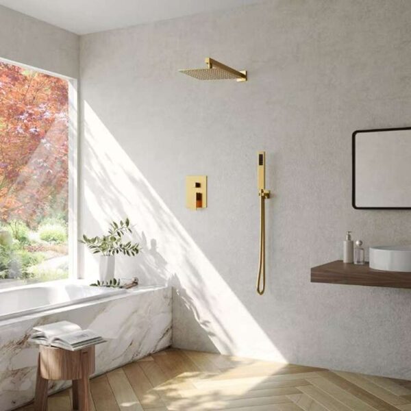 Single-Handle Rain 2-Spray Square 10 in. Dual Shower Head Fixed and Handheld Shower Head in Brushed Gold
